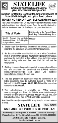 State Life Insurance Lahore Tender Notice